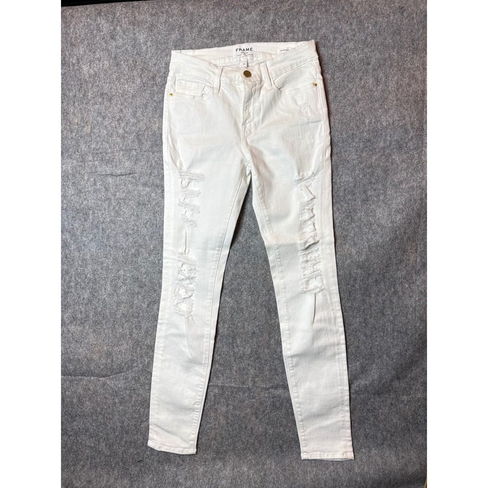 Frame Le Skinny de Jeanne Womens 27 White Distressed Denim Skinny Jeans COLR403